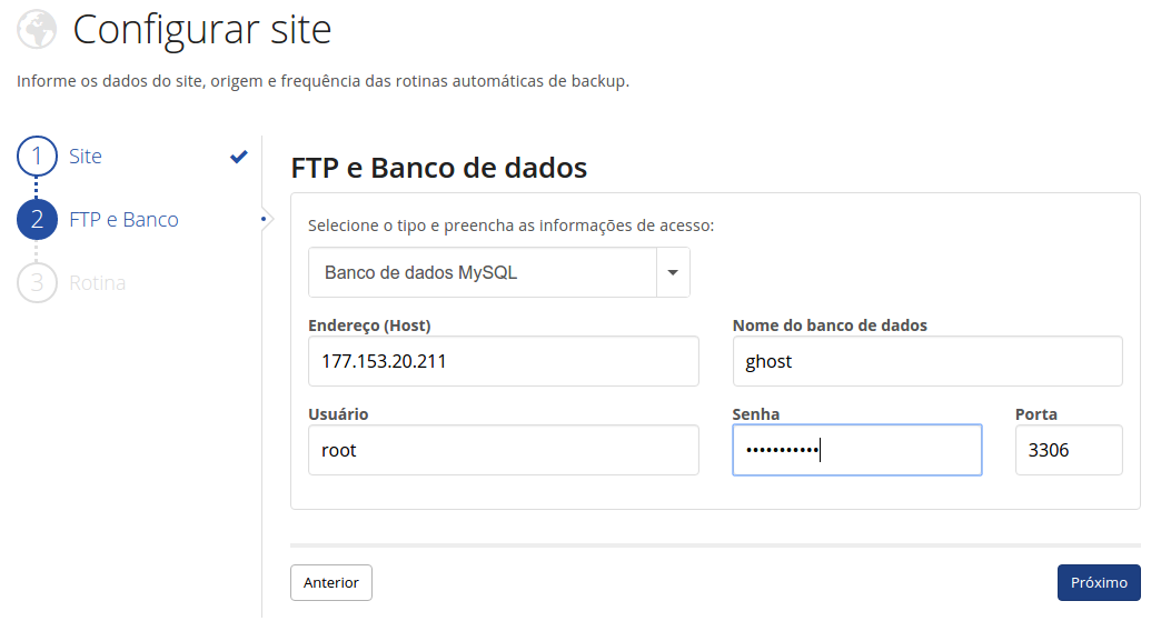 Configurações dos dados do Host de BD