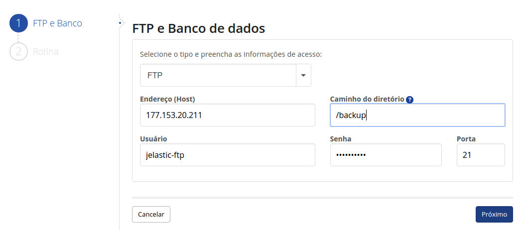 Dados de conexão com FTP